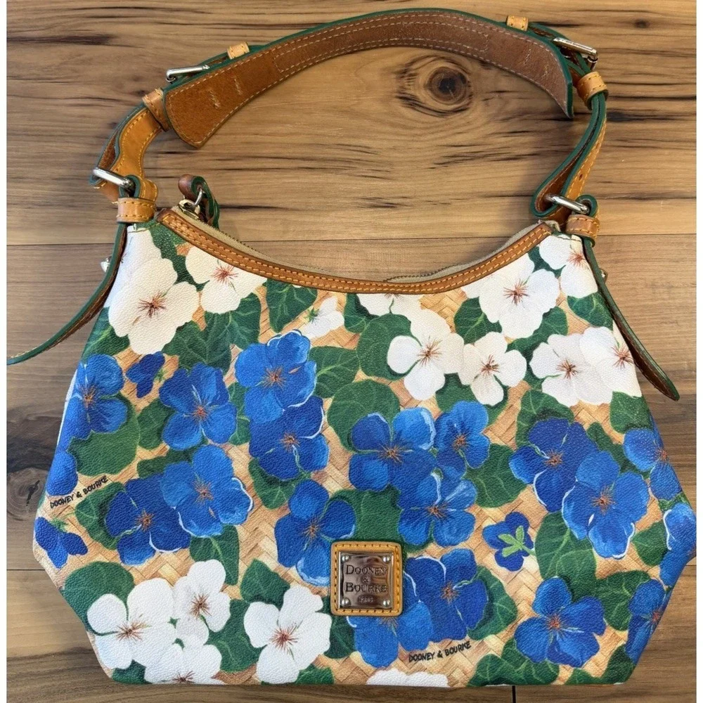 Dooney & Bourke Hydrangea Basketweave Small Kiley Hobo Shoulder Bag Floral Blue